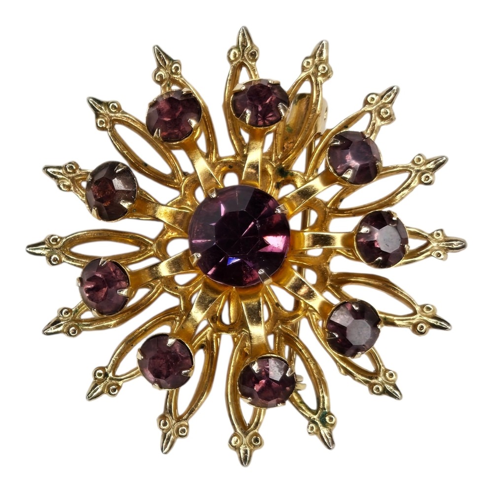 Coro Brooch Gold Tone Metal Purple‎ Rhinestone Vintage Sunburst Pin